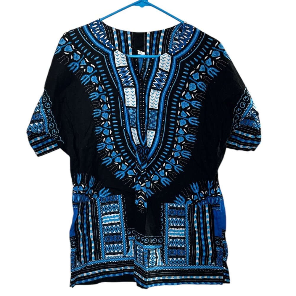 Vintage-Style Black & Blue Dashiki Tunic Shirt - 100% Cotton - Made in Thailand